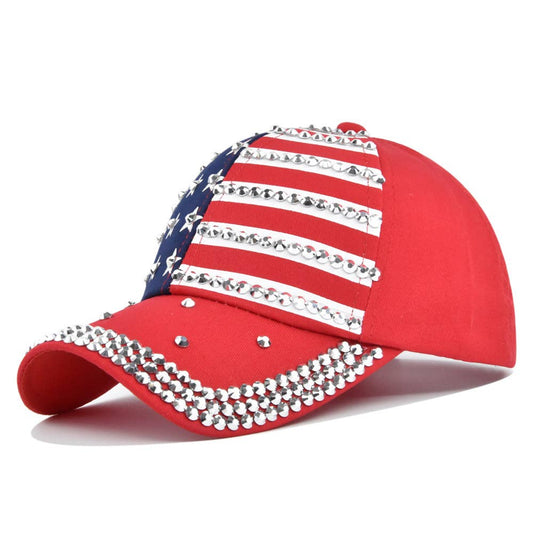 MKS America - Fourth of July hot diamond flag baseball cap: Red / M