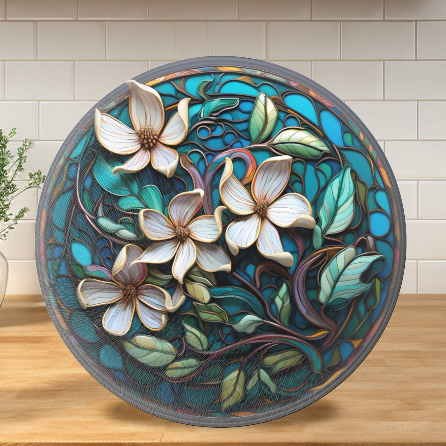 Fernville Creations - Magnolia Glass Cutting/Charcuterie Board & Kitchen Trivet: 12 Inch