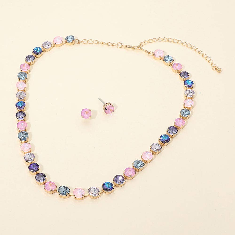 Sensibling Corp. - Round Stone Cluster Link Tennis Chain Evening Necklace: Gold,Multi