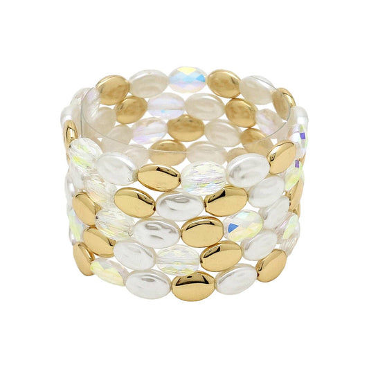 What's Hot - Flat Beaded Gold, Pearl, and White Crystal Set of 5 Stretch Bracelets