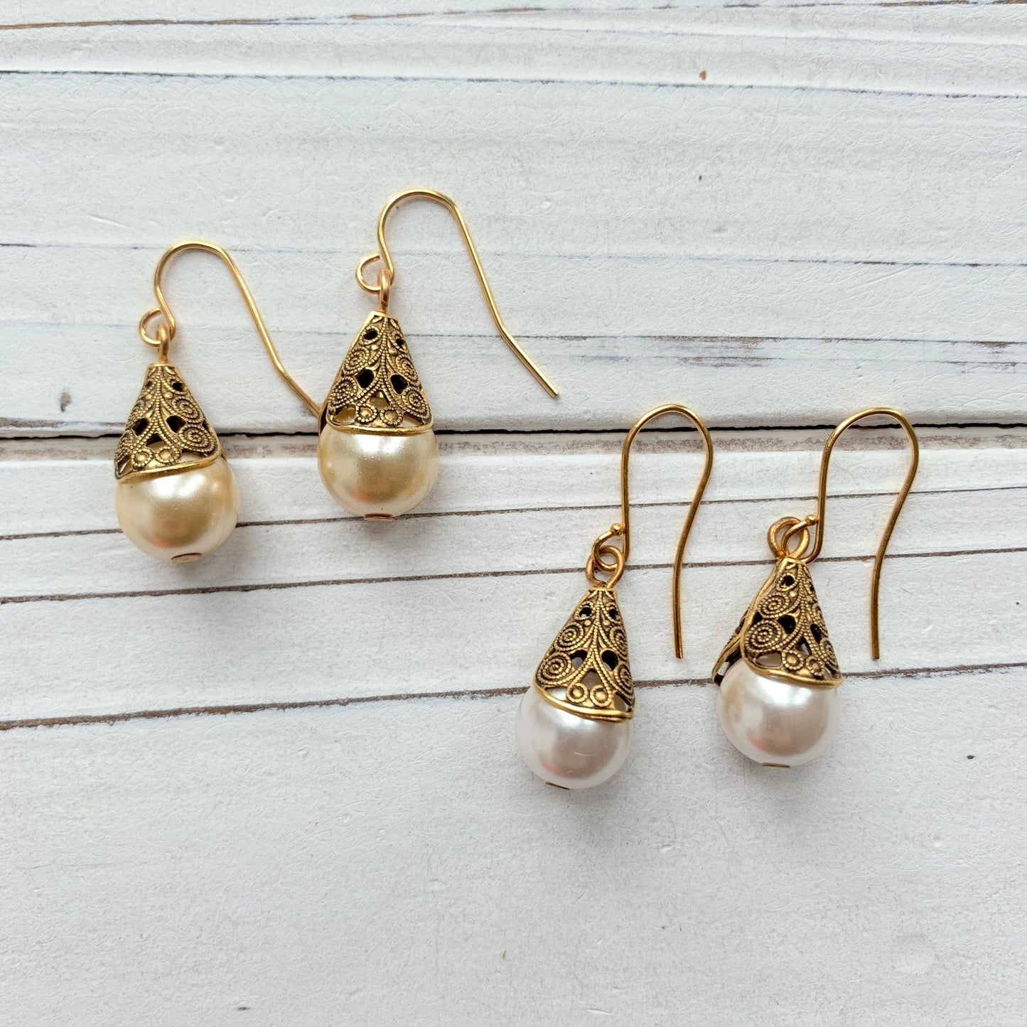 Lenora Dame - Filigree Bead Cap Pearl Earrings - 2 Pearl Color Options: White Pearl