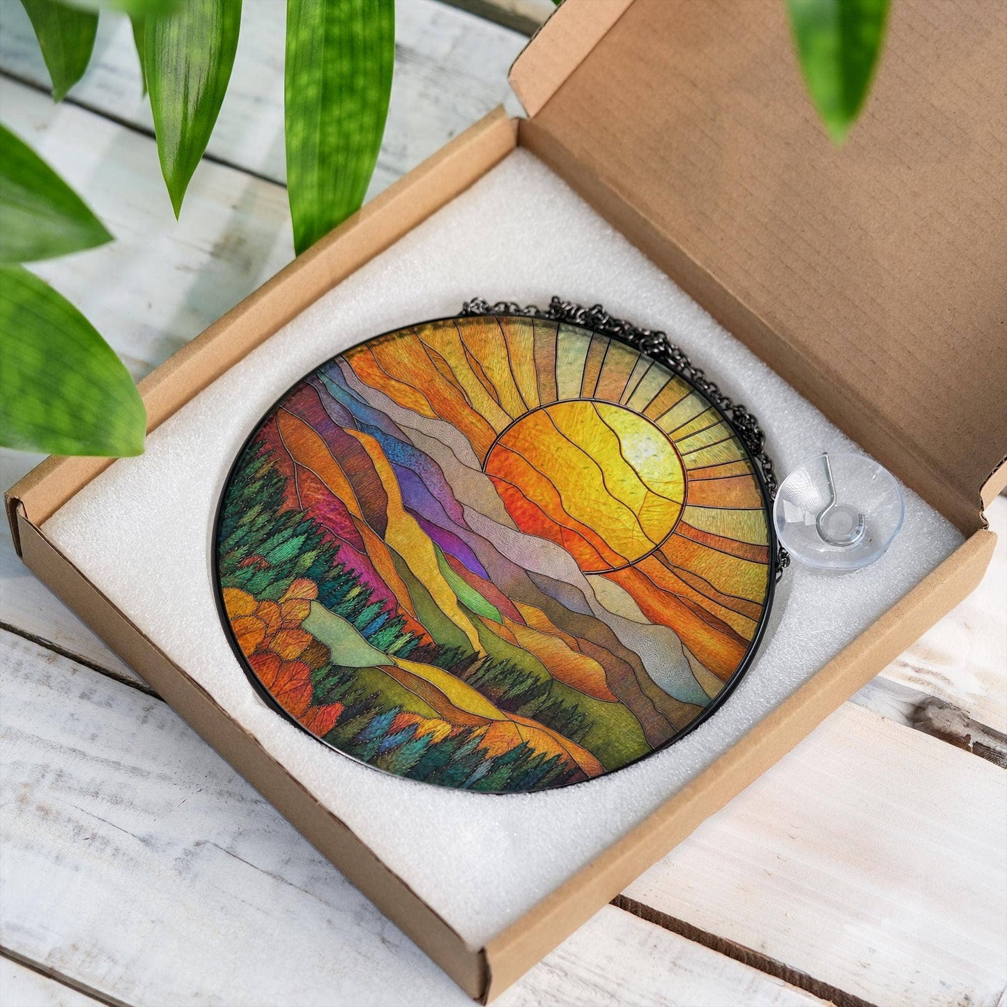 NVC Ecommerce LLC - Mountain Range Stained Glass Suncatcher, Nature Window Art: 11.8in