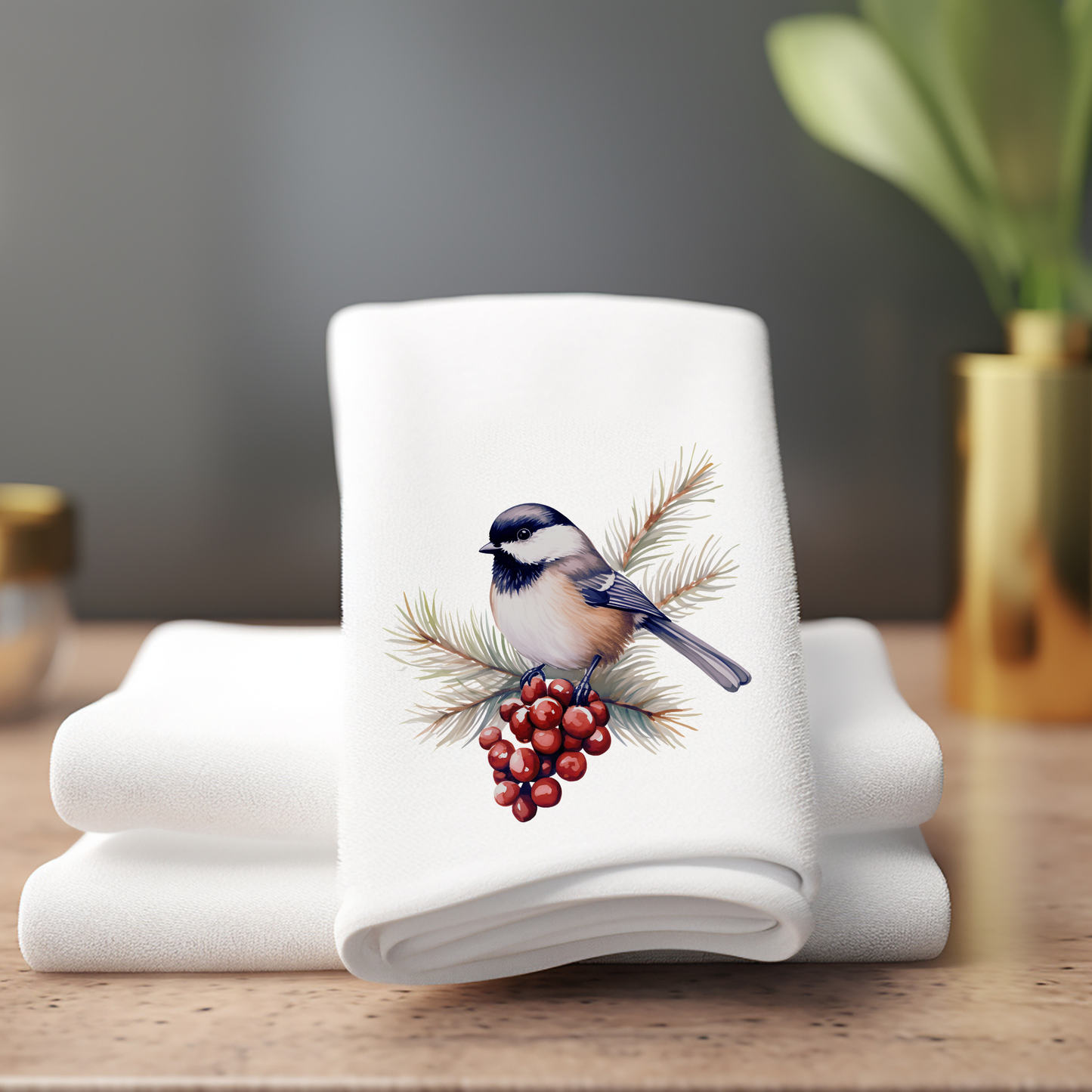 Fernville Creations - Elegant Chickadee & Greens Polyester/Cotton Fingertip Towel