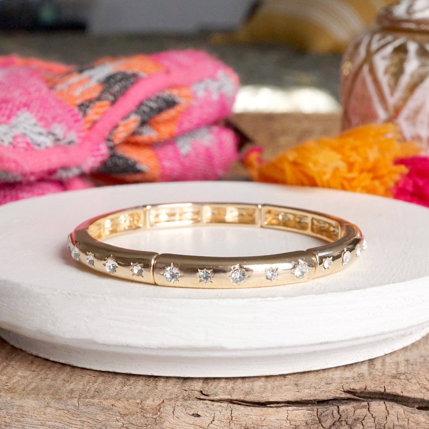 PennyLine inc - Gold-Tone Eternity Stretch Bangle – Pearls, Turquoise, or Crystals: Skinny - Clear Crystals