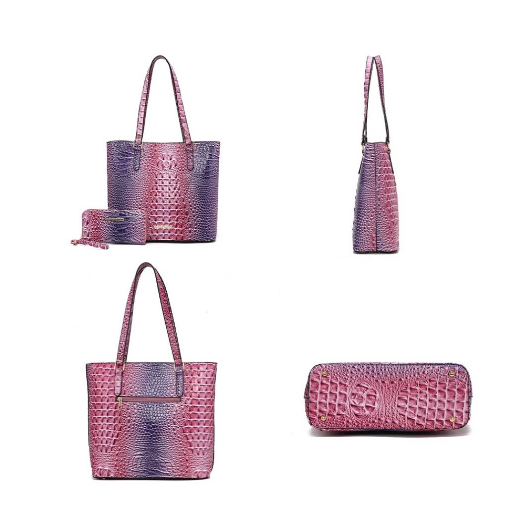 MKF Collection - MKF Piper Gradient Rainbow Embossed Tote Bag & Wallet: Pink