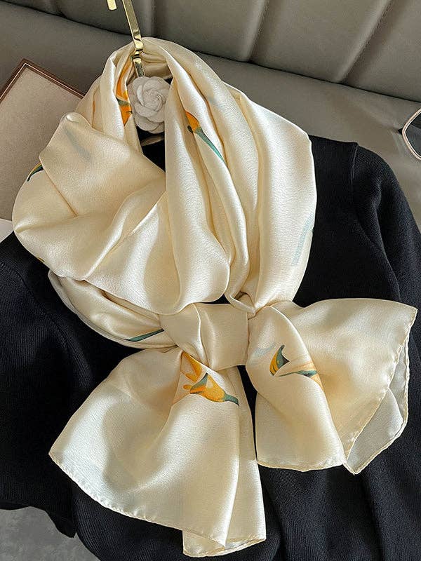 UZ Wholesale Store - Silk Imitation Flower Print Scarf: BEIGE / One_size