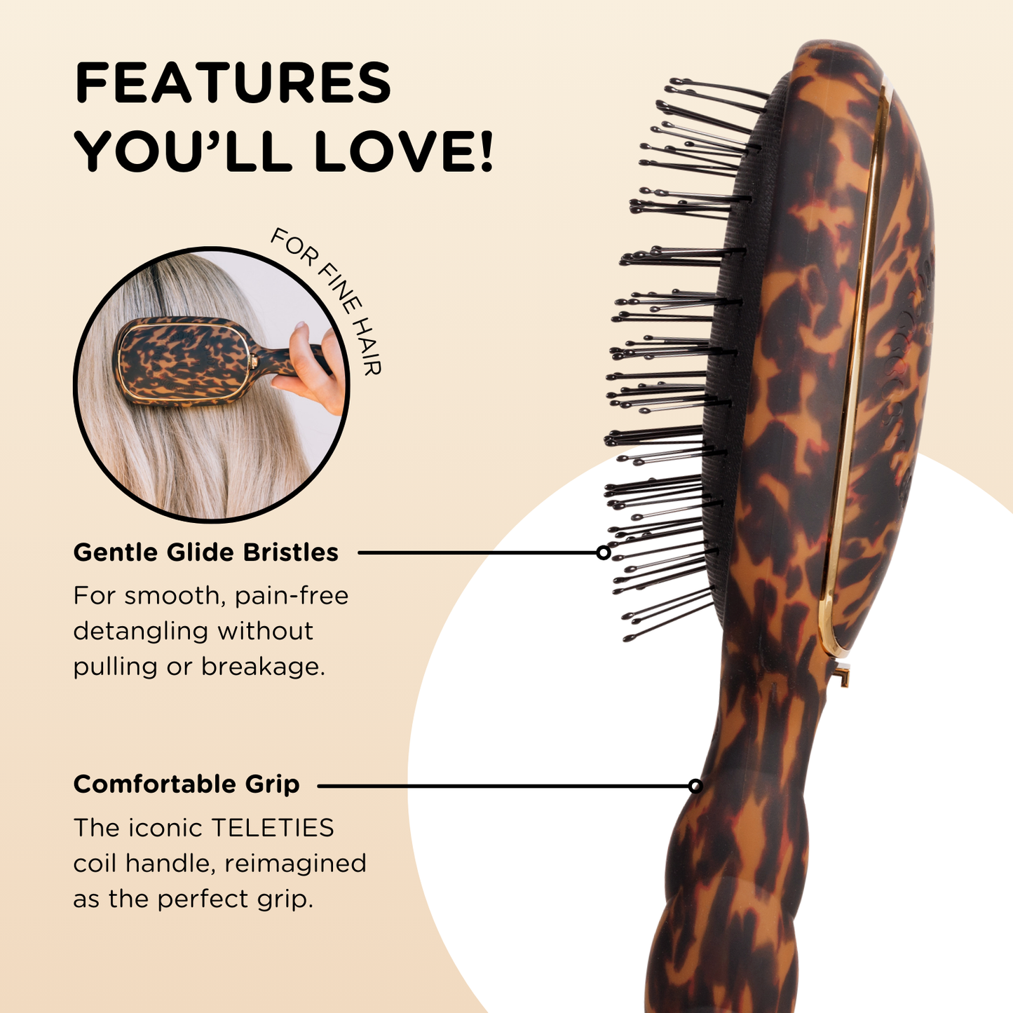 TELETIES - Detangler Hair Brush for Fine Hair - Tortoise