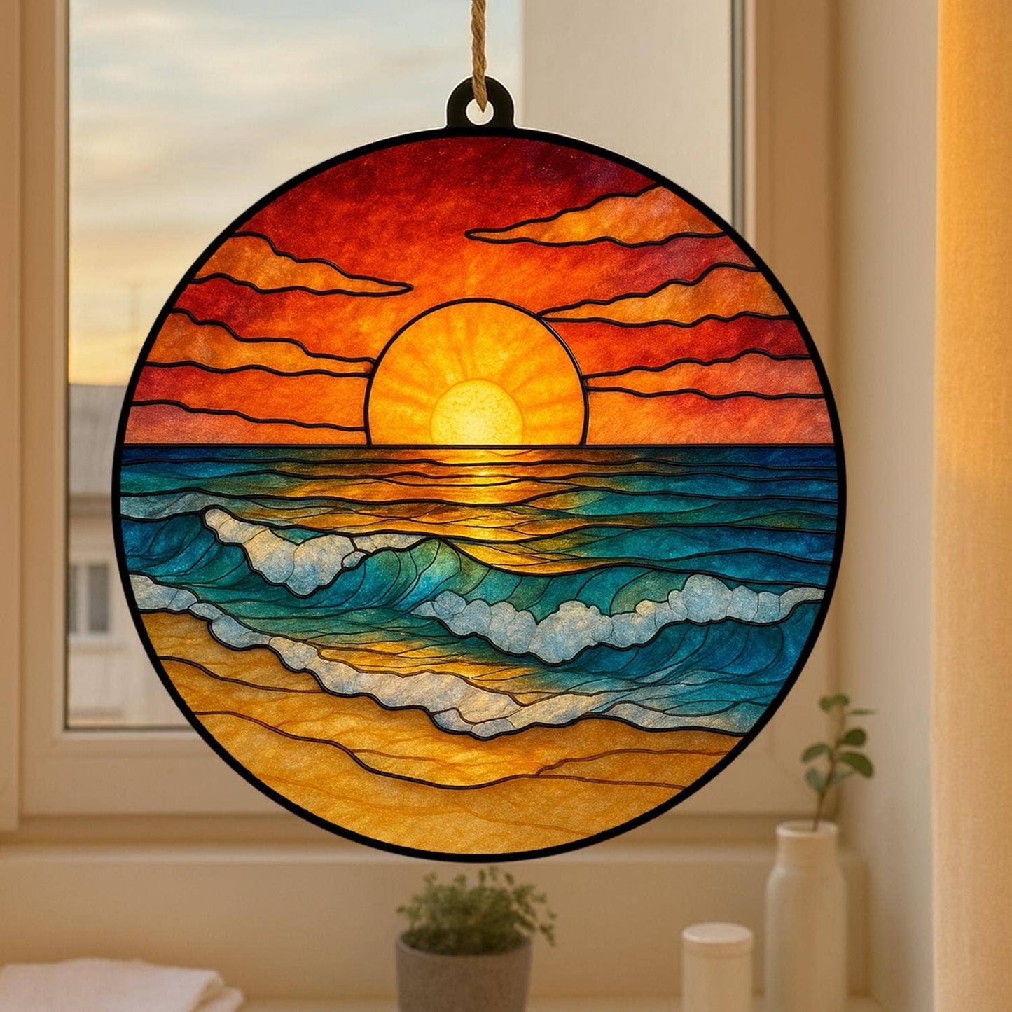 NVC Ecommerce LLC - Beach Sunset Stained Glass Suncatcher, Gift Beach Lover: 11.8in