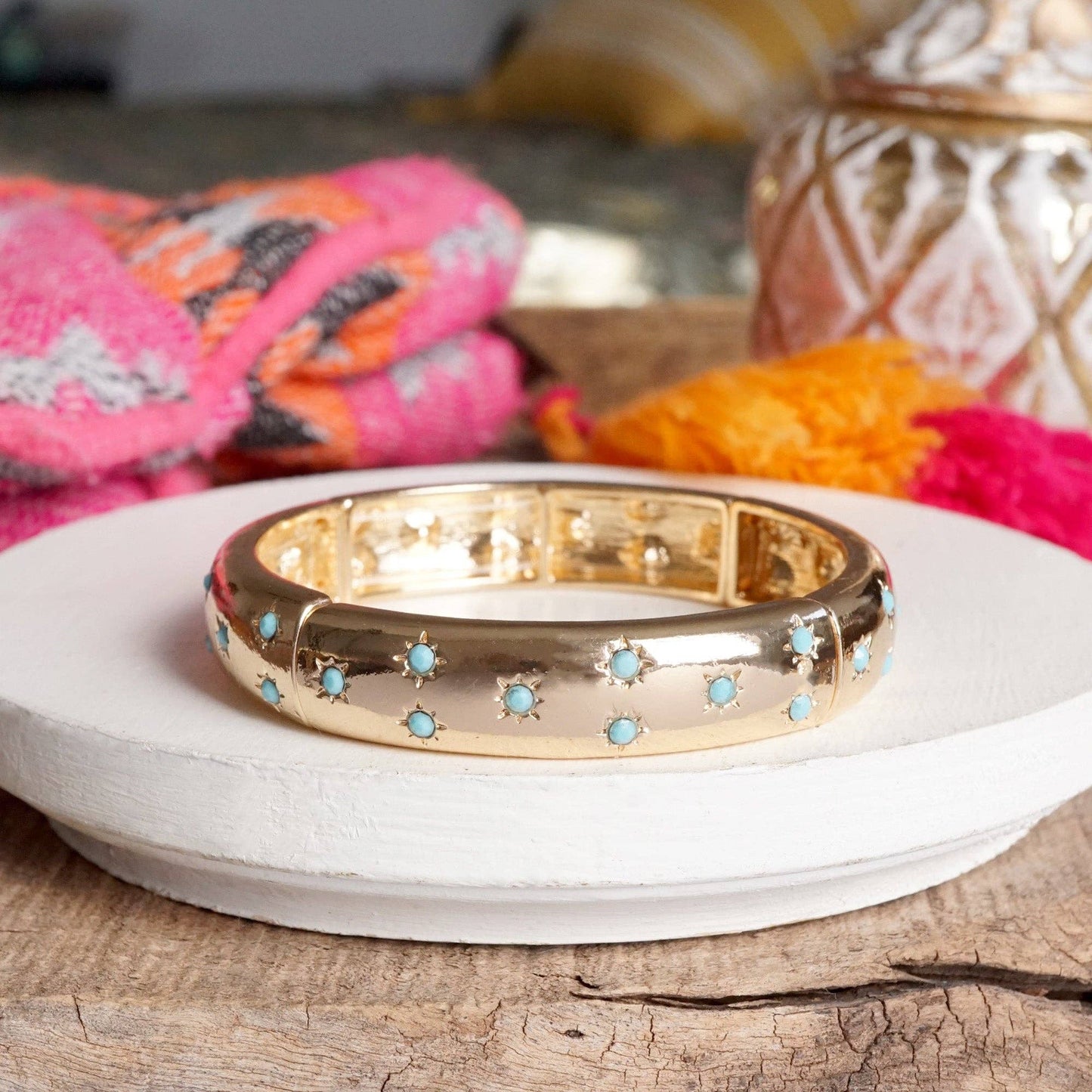 PennyLine inc - Gold-Tone Eternity Stretch Bangle – Pearls, Turquoise, or Crystals: Skinny - Pearls