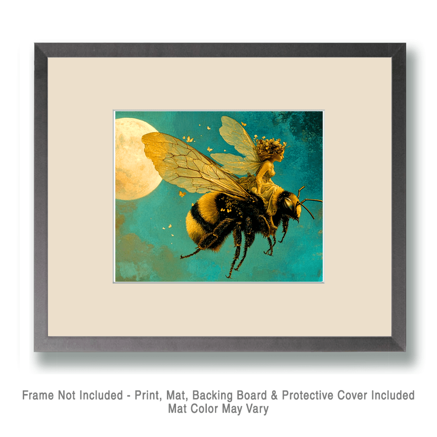 Mowbi - Fairy Riding Bumble Bee - Fairies Wall Art Prints – 8″x10″ Artwork for 11″x14″ Frame