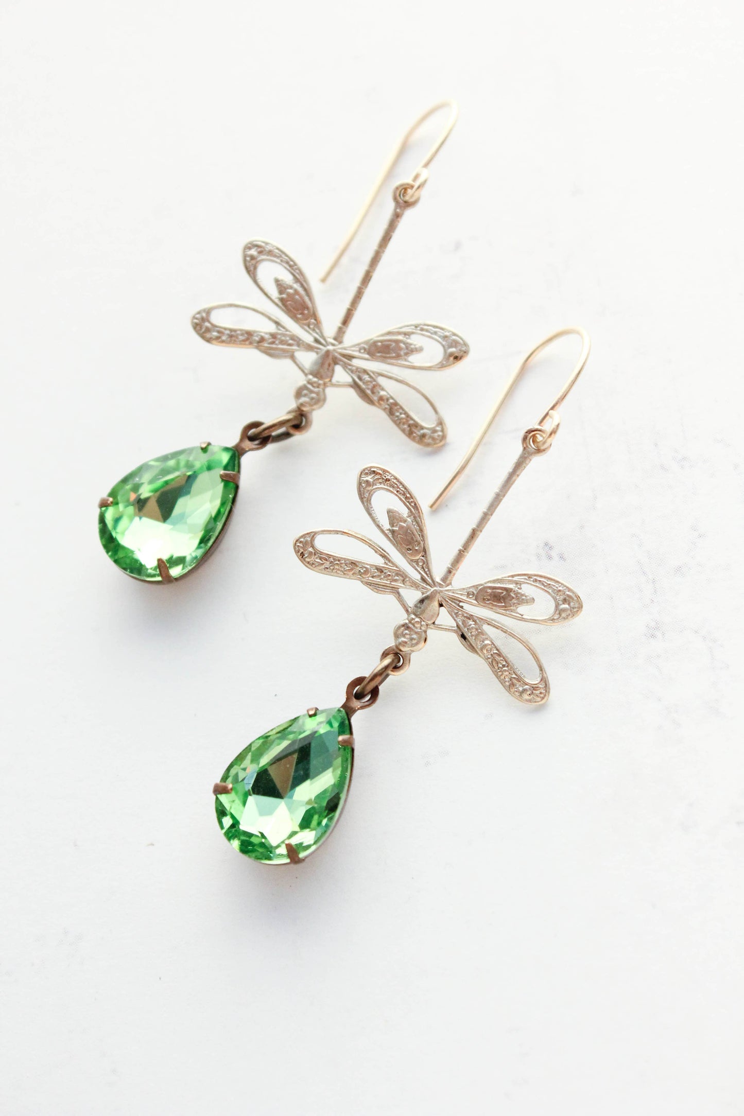 A Pocket of Posies - Dragonfly Earrings - Gold Patina and Green Glass
