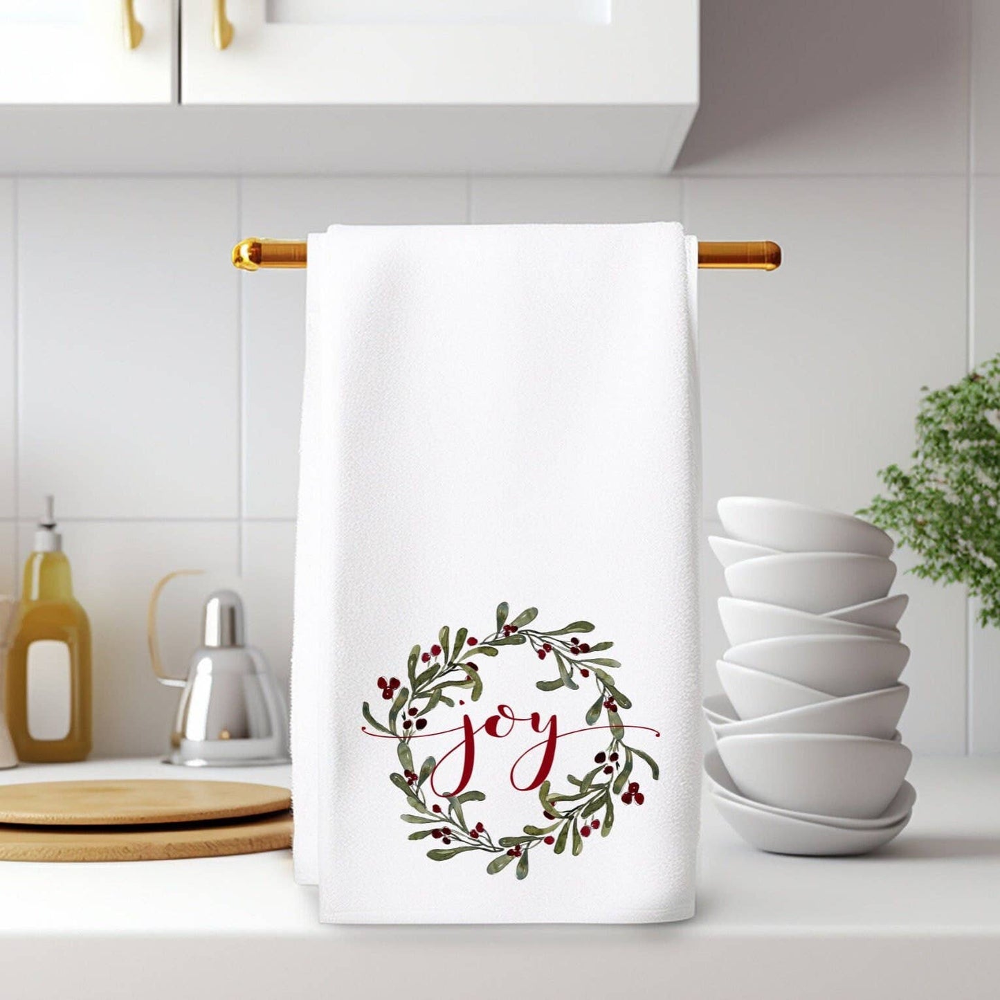 Fernville Creations - Elegant Christmas "Joy" Wreath Holiday / Winter Hand Towel