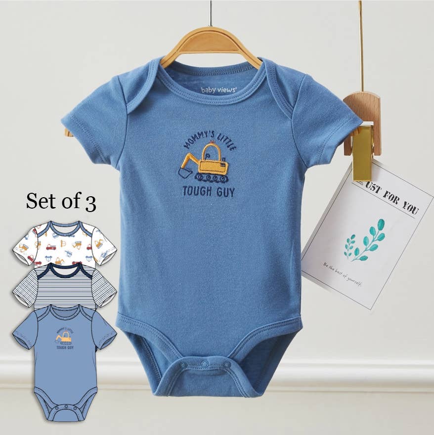 Lollipop Dreams - Pack of 3 Baby Boys Excavator Pattern Bodysuits Short Sleeve: 3-6M