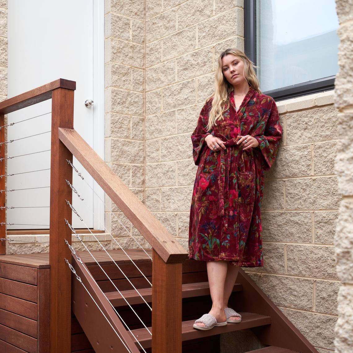 Linen Connections - Kimono Cotton Velvet Floral Kimono Bathrobe Bridal Robe