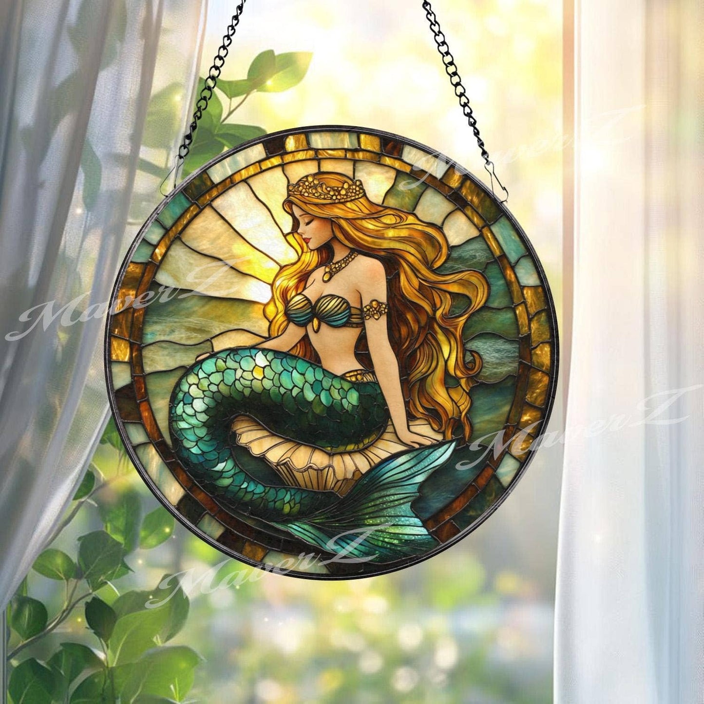 NVC Ecommerce LLC - Mermaid Princess Stained Glass Suncatcher, Sea Fantasy: 11.8in