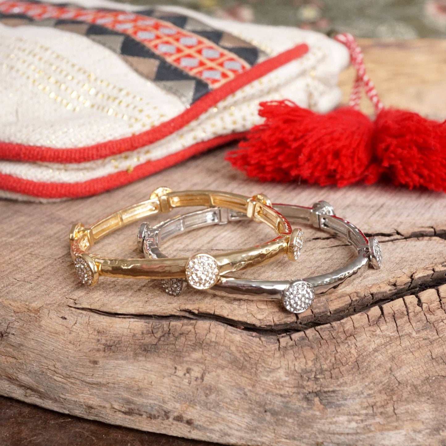 PennyLine inc - Stretchy Bangle with Crystal Pavé Round Accents – Gold or Silver Tone: Gold Tone