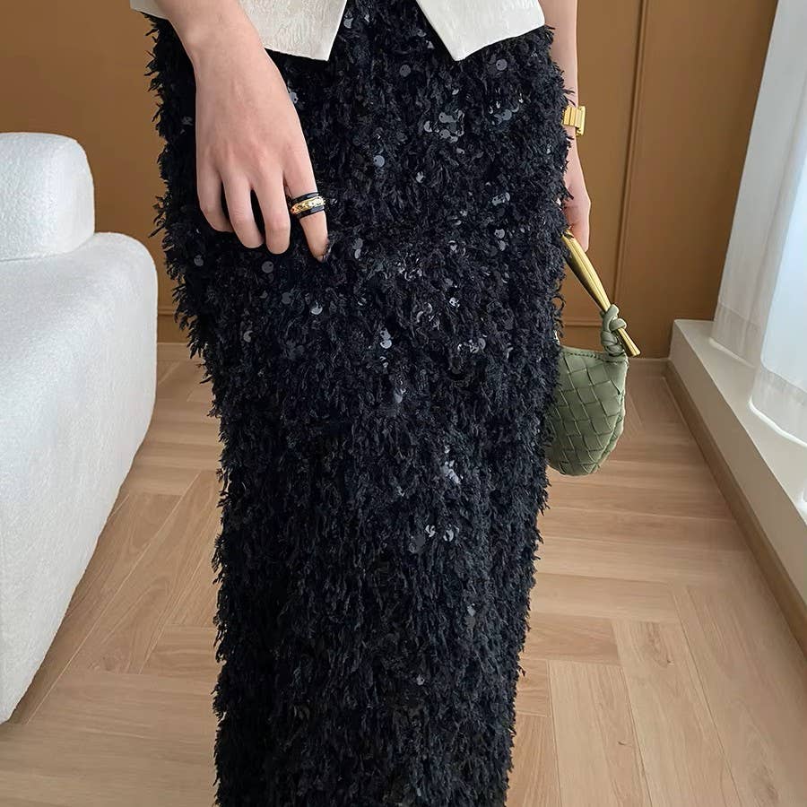 PEACH ACCESSORIES - Sequins Fringe Midi Skirt SK1199: Beige