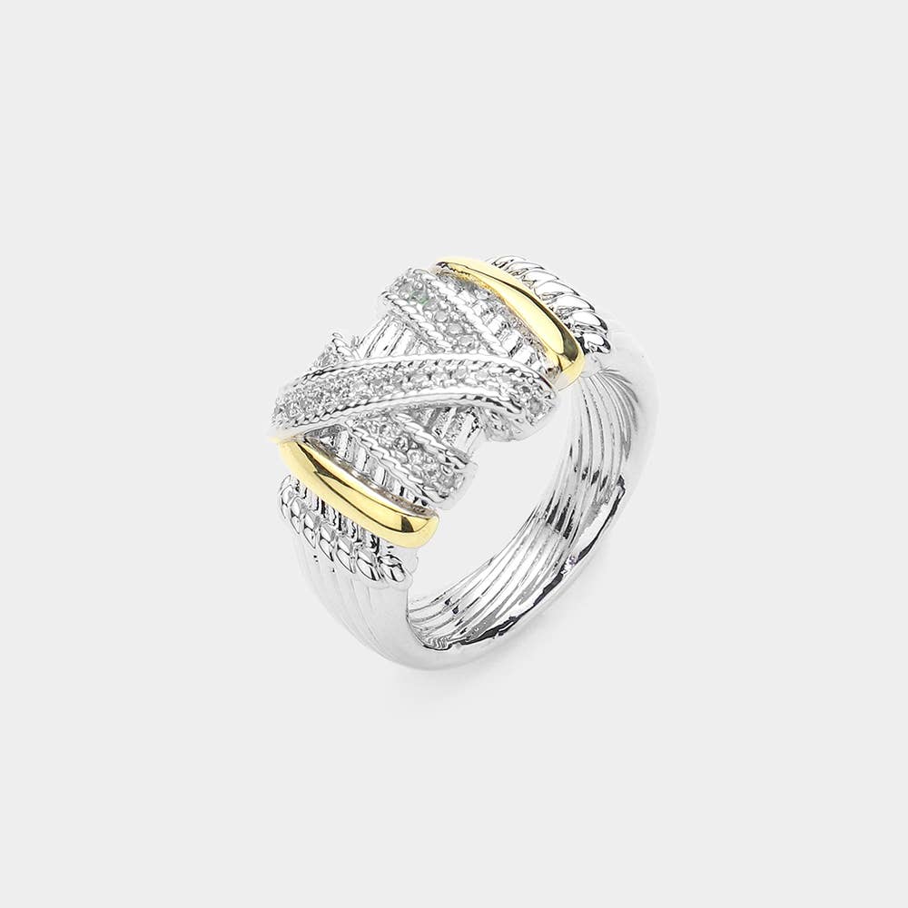 Wona Trading, Inc. - Two Tone CZ Stone Paved Abstract Ring: 6