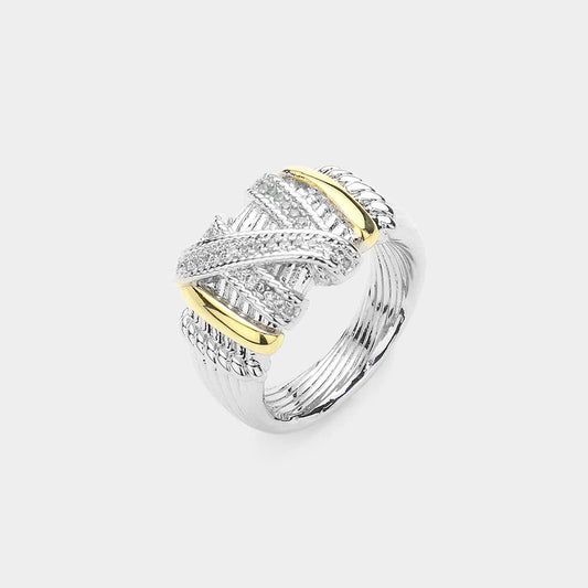 Wona Trading, Inc. - Two Tone CZ Stone Paved Abstract Ring: 6