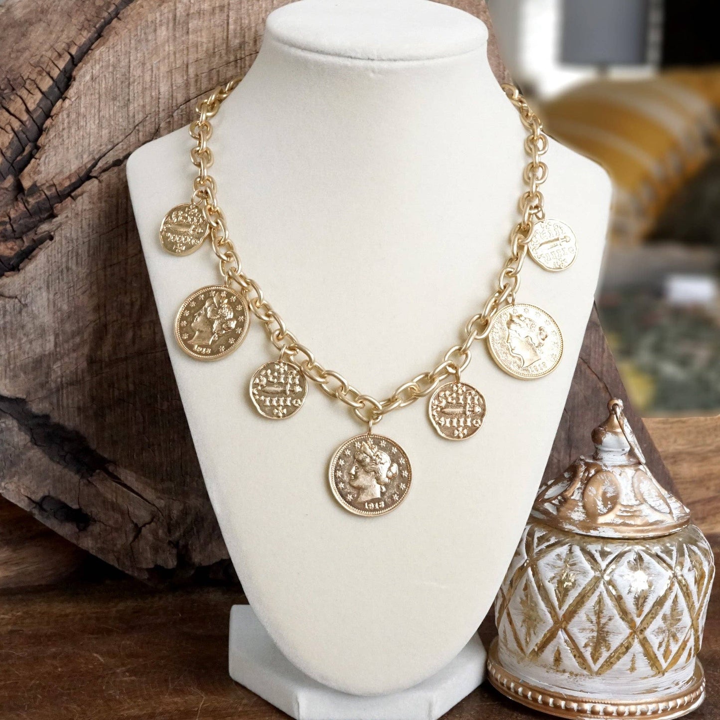 PennyLine inc - Boho Coin Charms Statement Necklace – Gold Tone