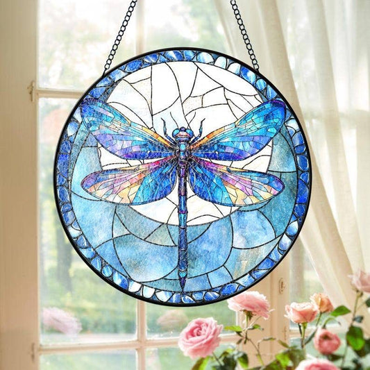 NVC Ecommerce LLC - Dragonfly Stained Glass Suncatcher, Garden Window Hanging: 11.8in
