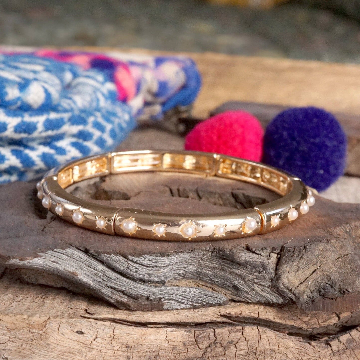 PennyLine inc - Gold-Tone Eternity Stretch Bangle – Pearls, Turquoise, or Crystals: Skinny - Clear Crystals