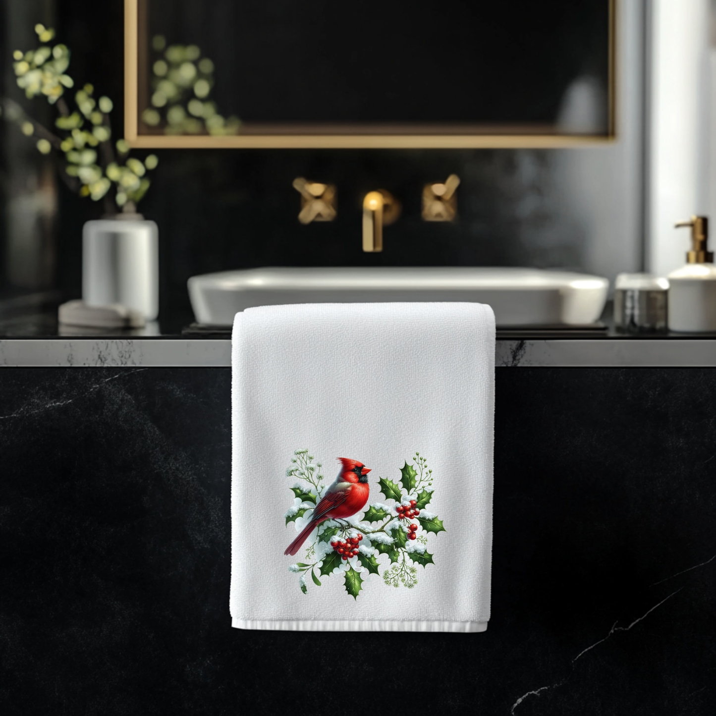 Fernville Creations - Cardinal Fingertip Towel, Winter Bath Accent, Powder Room To
