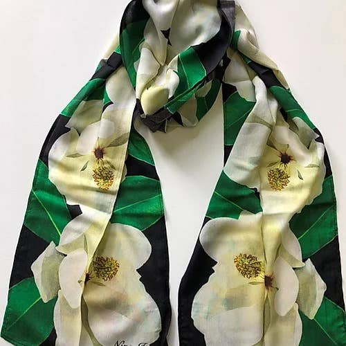NINA J - Magnolia in Black Background Cotton Scarf