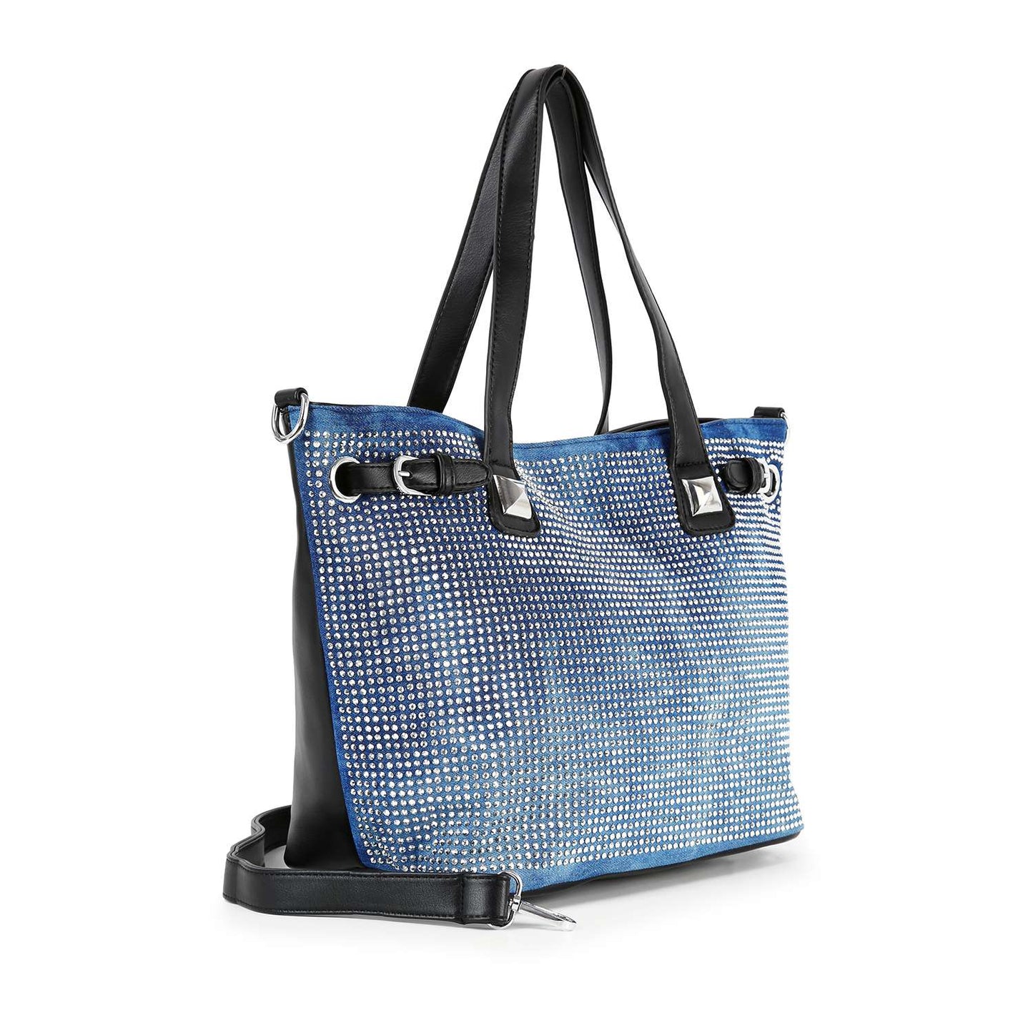 Handbag Express - Buckle Accented Sparkling Tote Handbag: Blue-Black