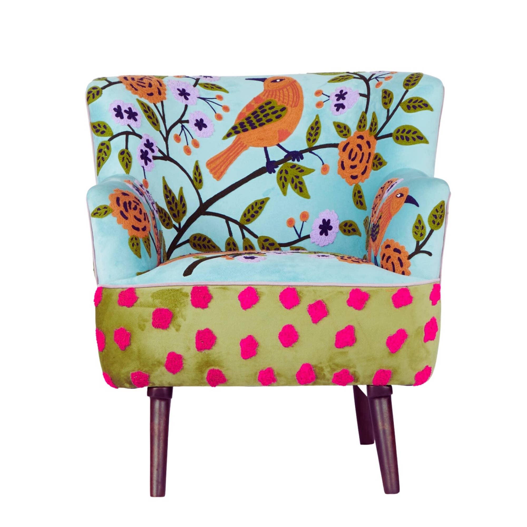 LR Home Floral Embroidered Wood Chair - Thumbnail 3