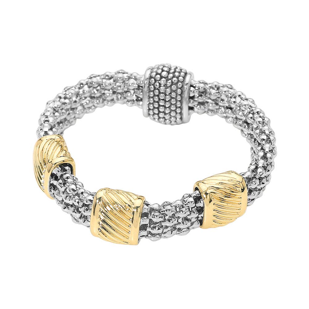 Sensibling Corp. - 14K Gold Plated Two Tone Sculpted Accent Textured Band Magnetic Bracelet