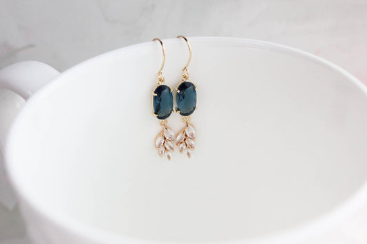 A Pocket of Posies - Sparkling Crystal Earrings | Leaf Earring | Blue Earrings: Navy Blue