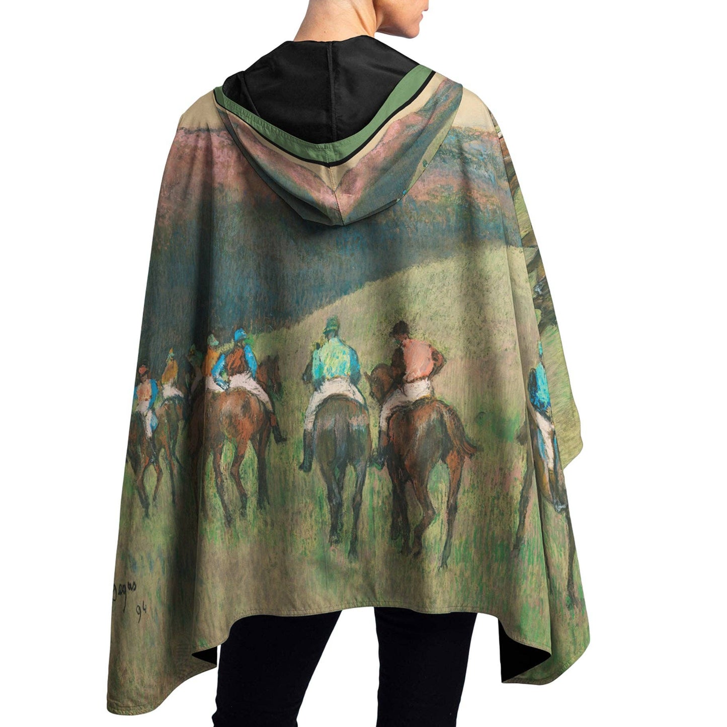 RainCaper - Degas "Racehorses in a Landscape" Reversible Rain Cape – Lightweight Hooded Wrap