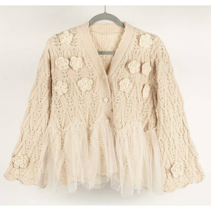 PEACH ACCESSORIES - SK131 Super soft cardigan with roses flower details in Beige