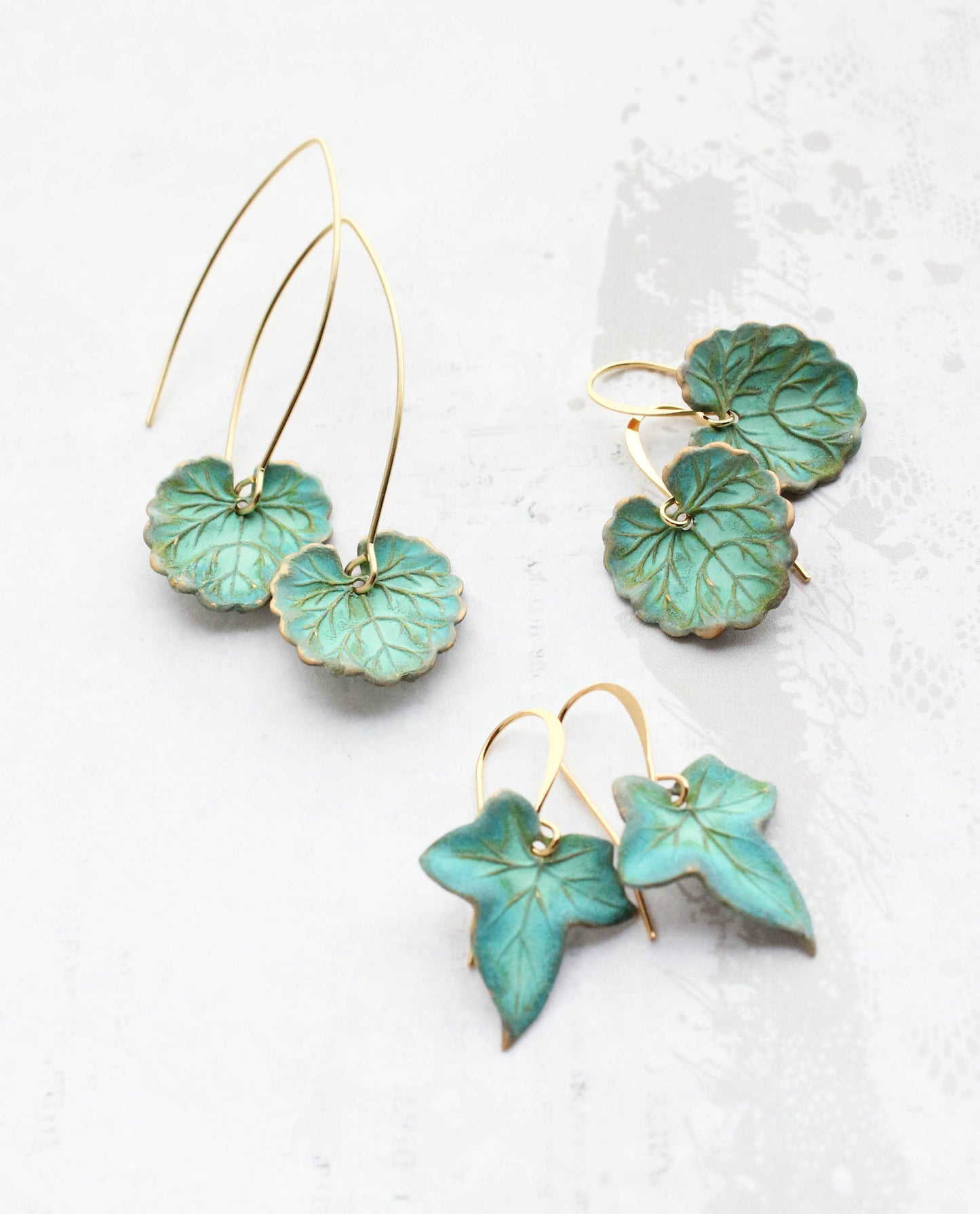 A Pocket of Posies - Lily Pad Earrings - Verdigris Patina: Short Ear Wire / Ivy Leaf