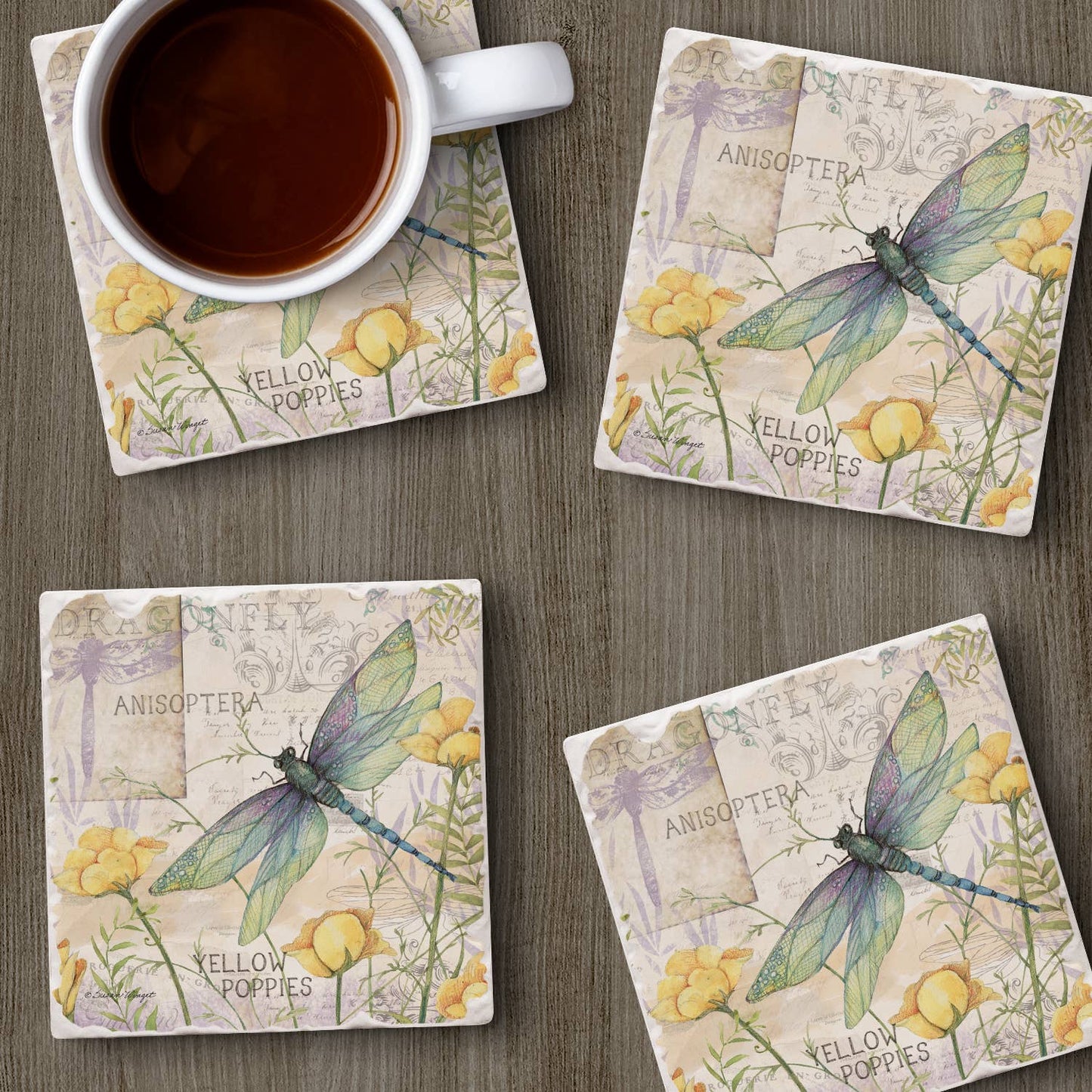 CounterArt/Highland Home/Thirstystone - "Dragonfly Poppies" 4 Pack Tumbled Tile Coasters