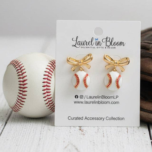 Laurel in Bloom - Hadley Baseball & Gold Bows Earrings