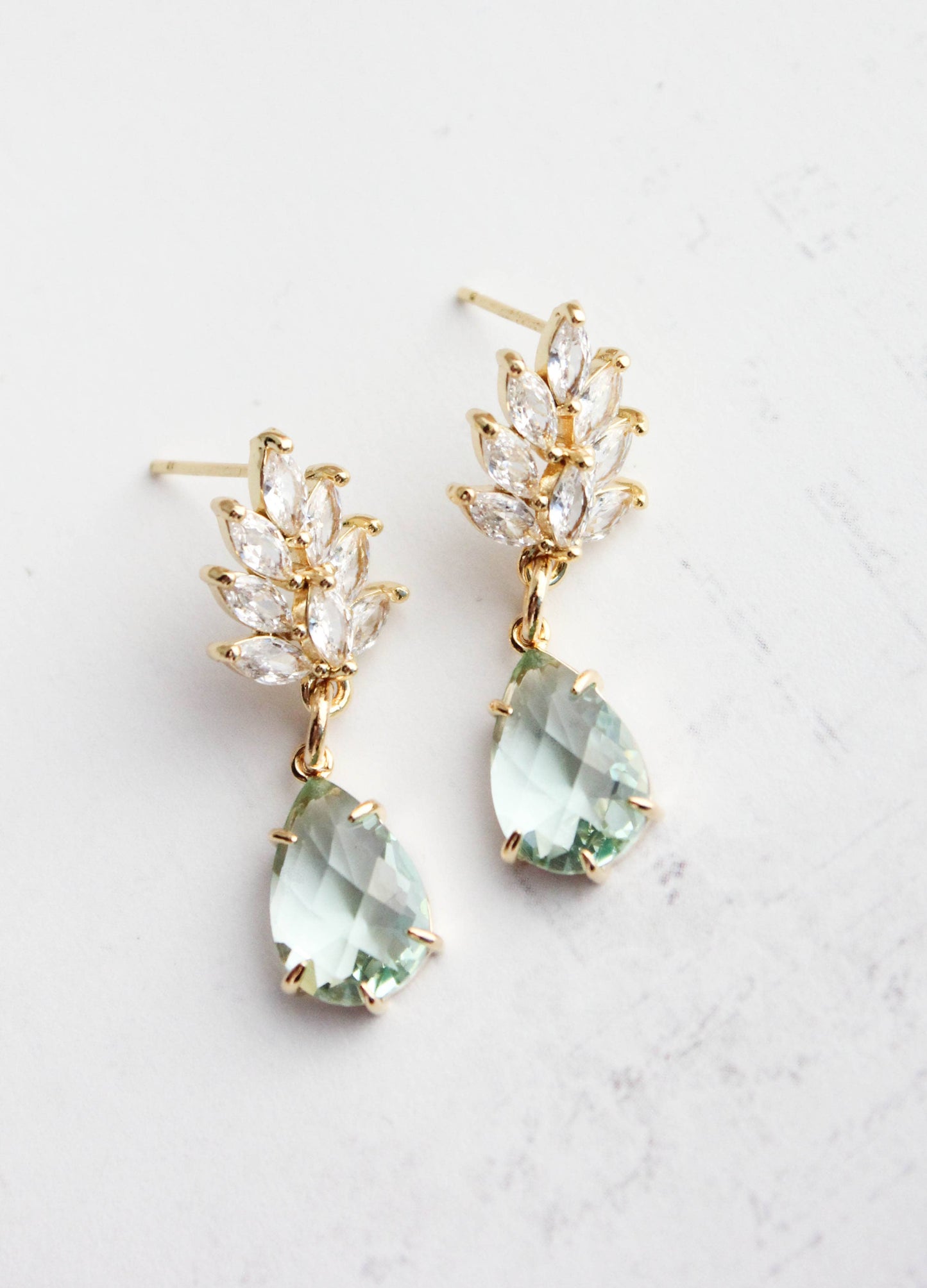 A Pocket of Posies - Glass Leaf Earrings | Rhinestone Studs | Gold or Silver: Gold Plated