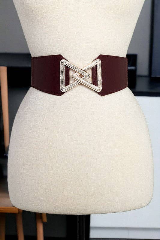 Andrea Bijoux - Rhinestone Triangle Pave Buckle Stretch Belt: Brown / One Size