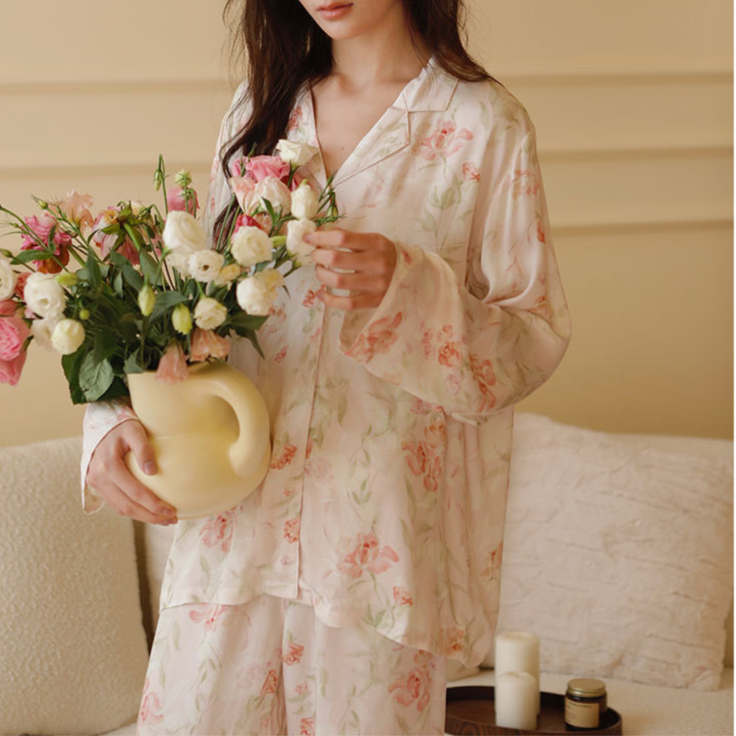 DrifWoo - Elegant Floral Long Sleeve Pajama Set – Soft & Breathable: Sage Blossom / S