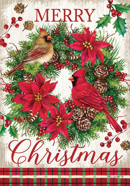Custom Decor - Cardinal Wreath-Flag by Tina Wenke - 12” x 18”
