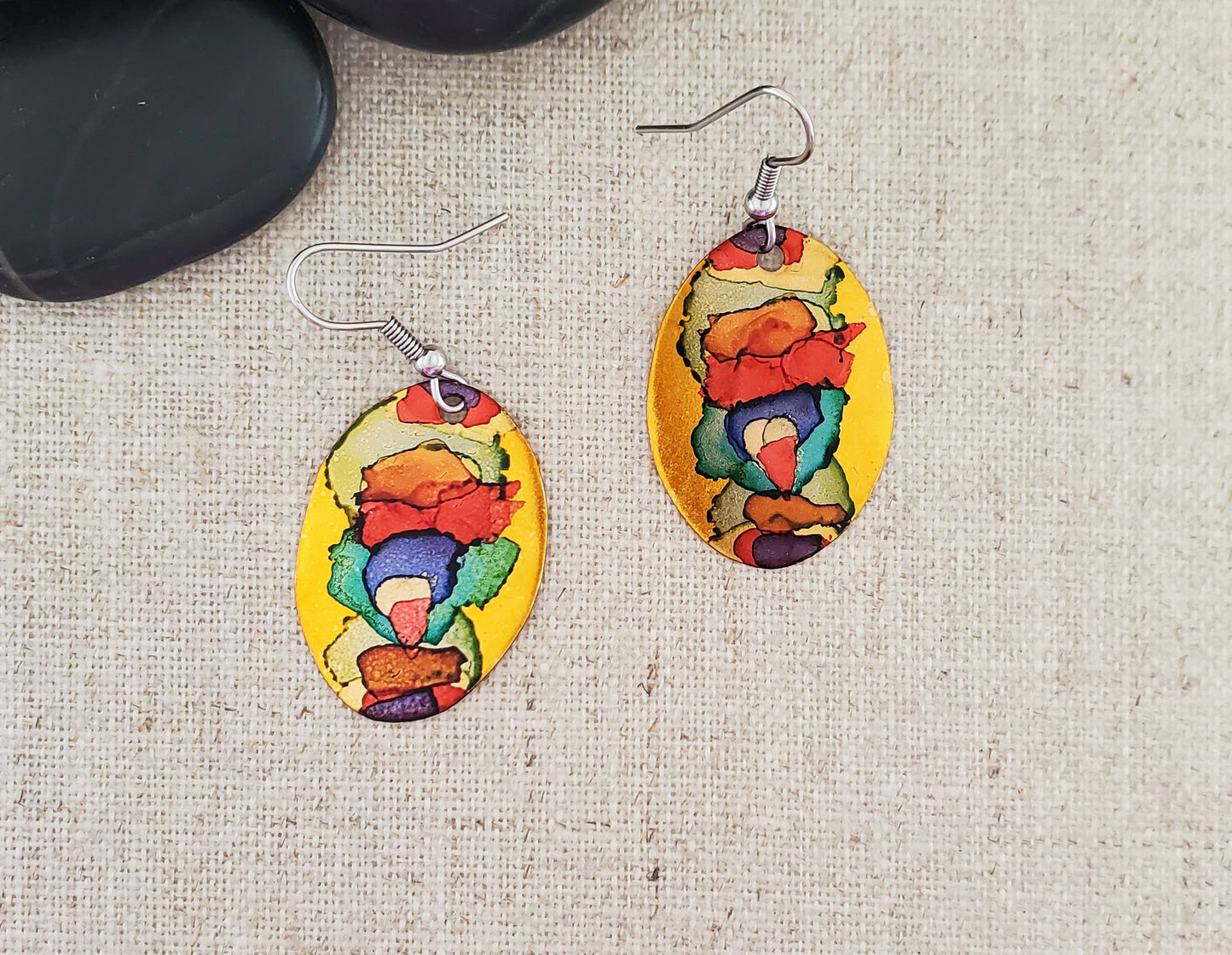 Covaly Artisan Jewelry - Alcohol Ink Small Oval Earrings: Pinks