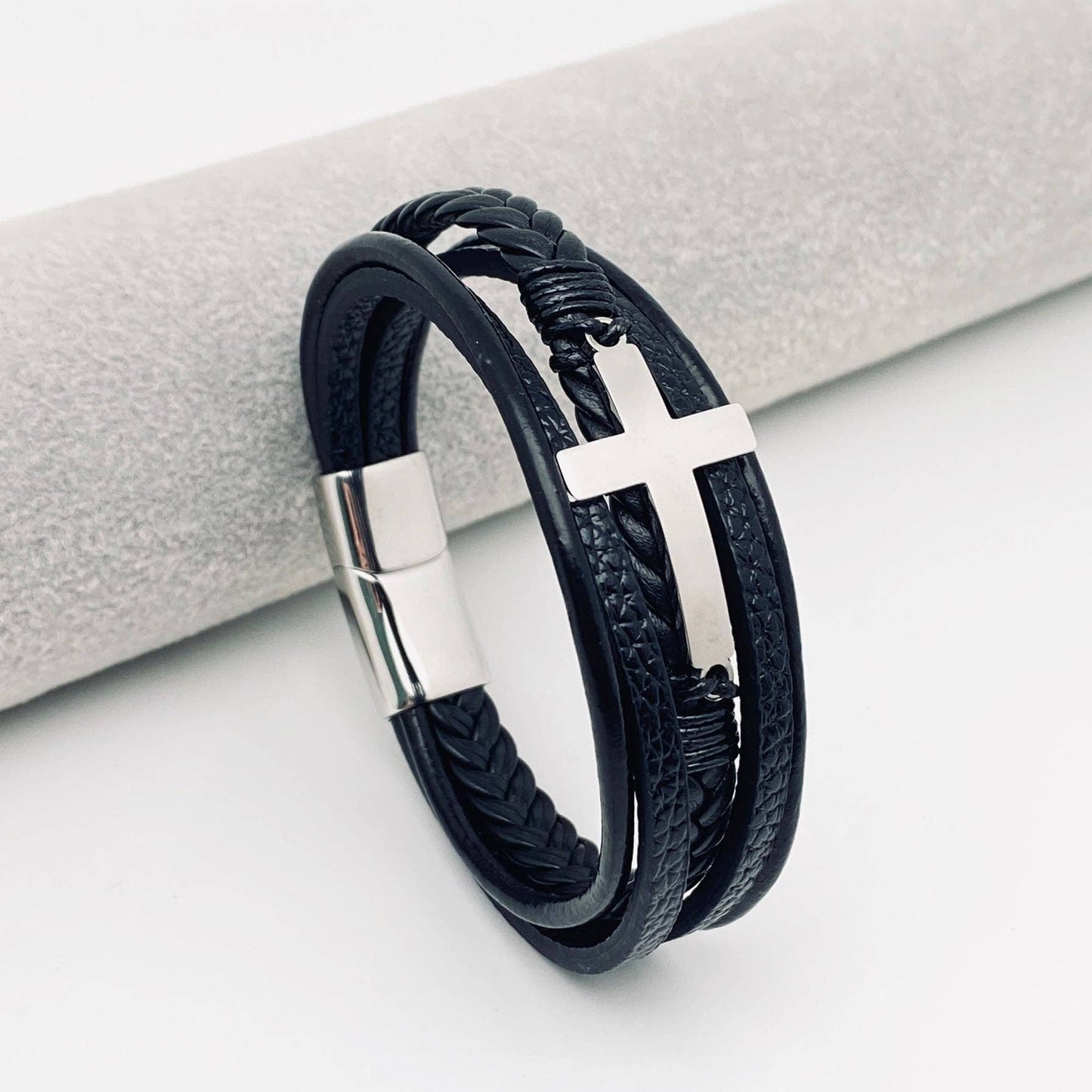 Mio Queena - Stainless Steel Cross Multi-Layer Woven Leather Bracelet -MJ/BC: Steel color