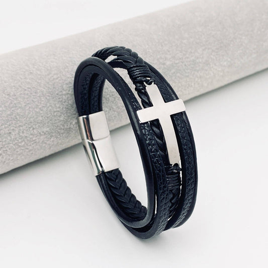 Mio Queena - Stainless Steel Cross Multi-Layer Woven Leather Bracelet -MJ/BC: Steel color