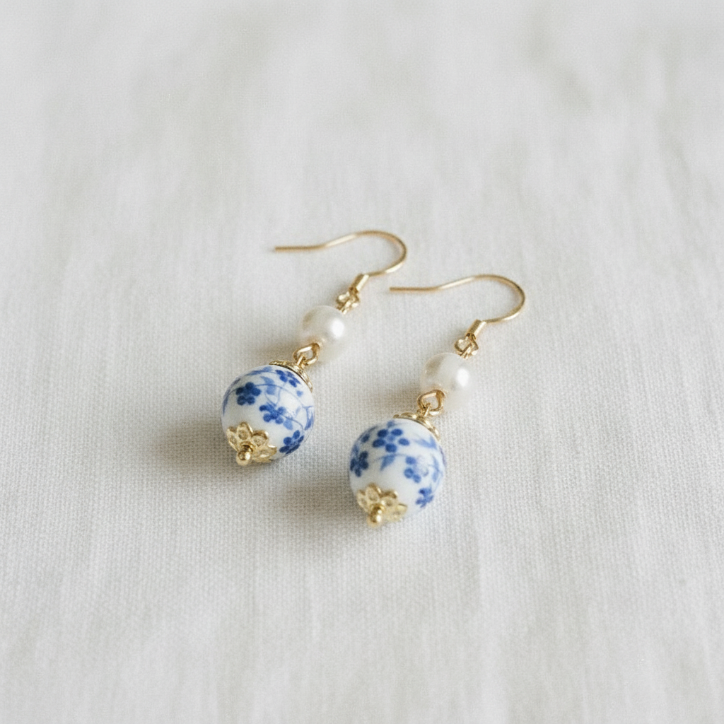 camilla dovey - Blue and White Ceramic and Pearl Drop Earrings