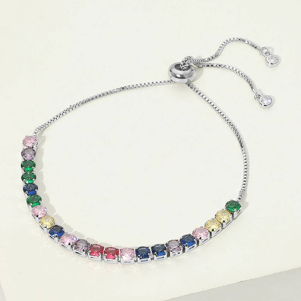 Sensibling Corp. - Stainless Steel Round CZ Tennis Chain Pull Tie Bracelet: Multi