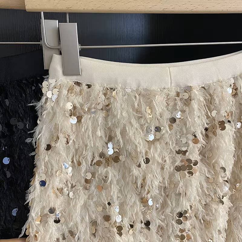 PEACH ACCESSORIES - Sequins Fringe Midi Skirt SK1199: Beige