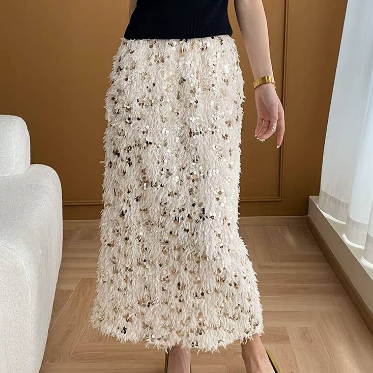PEACH ACCESSORIES - Sequins Fringe Midi Skirt SK1199: Beige