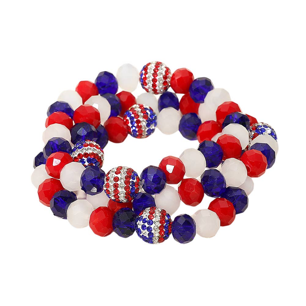 Sensibling Corp. - 3PCS - American USA Flag Shamballa Ball Faceted Beaded Stretch Multi Layered Bracelets
