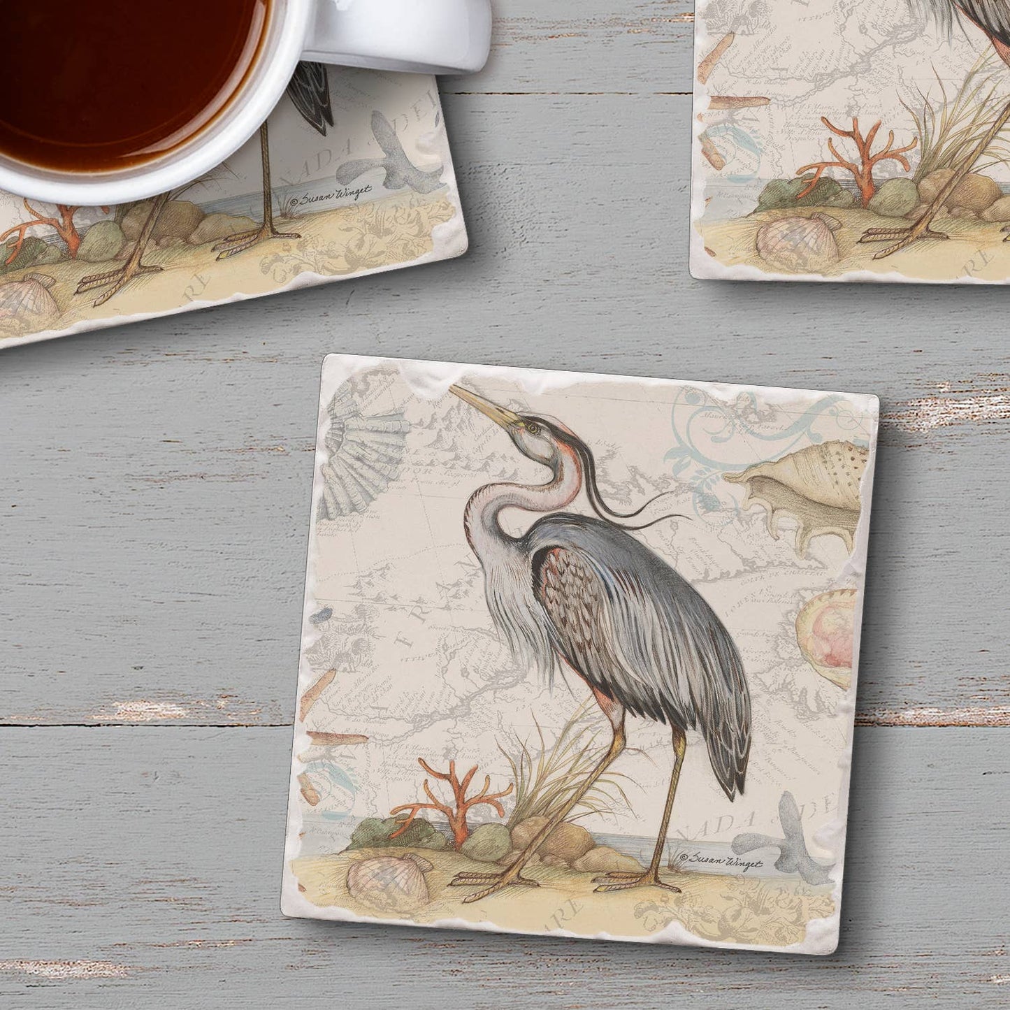 CounterArt/Highland Home/Thirstystone - Shoreline Blue Heron Absorbent Stone Tumbled Tile Coasters